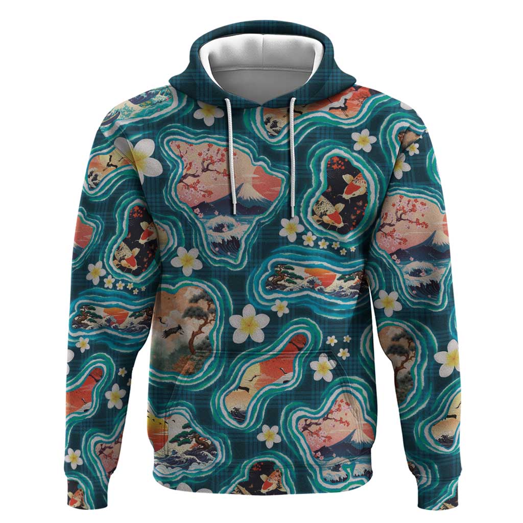Hawaiian and Japanese Culture Together Hoodie Hawaiian Island Shapes with Japanese Landscape Teal Color LT03 Pullover Hoodie Teal - Polynesian Pride