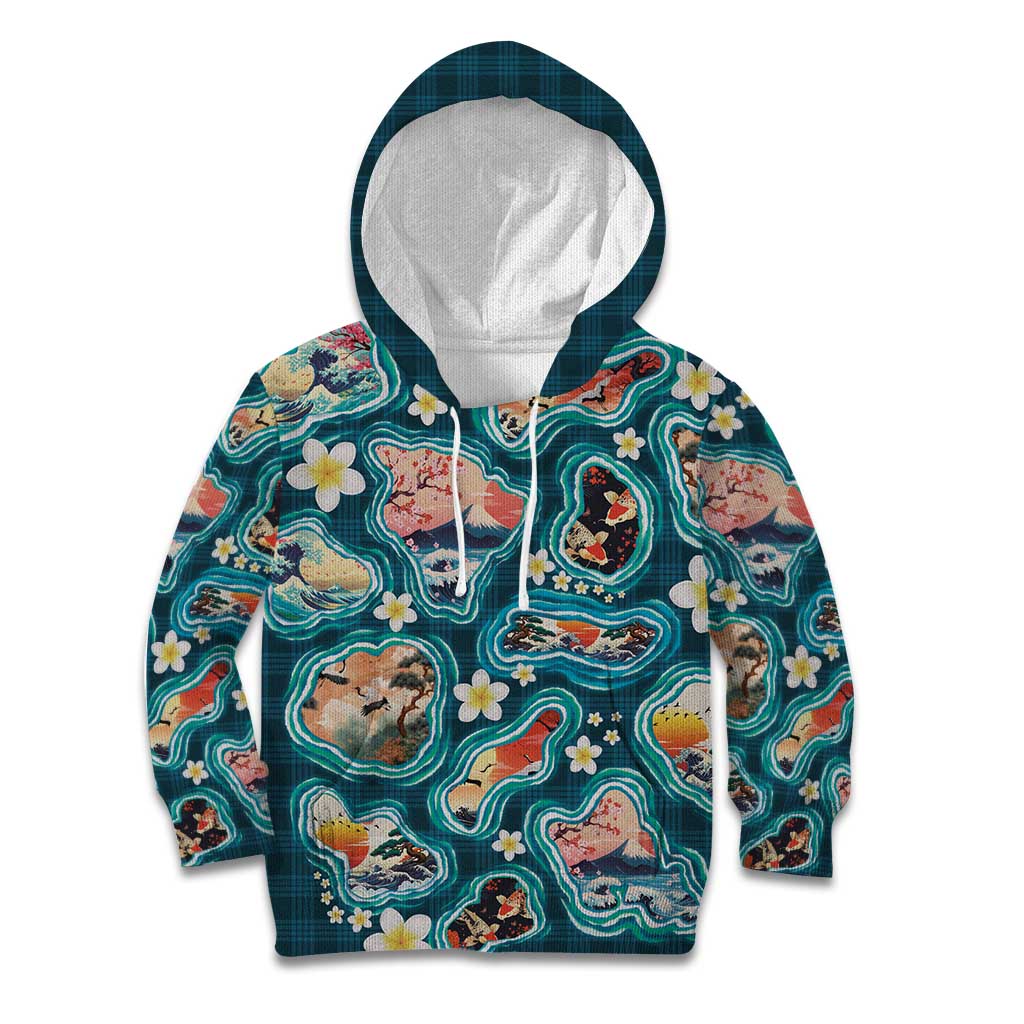 Hawaiian and Japanese Culture Together Kid Hoodie Hawaiian Island Shapes with Japanese Landscape Teal Color LT03 Hoodie Teal - Polynesian Pride