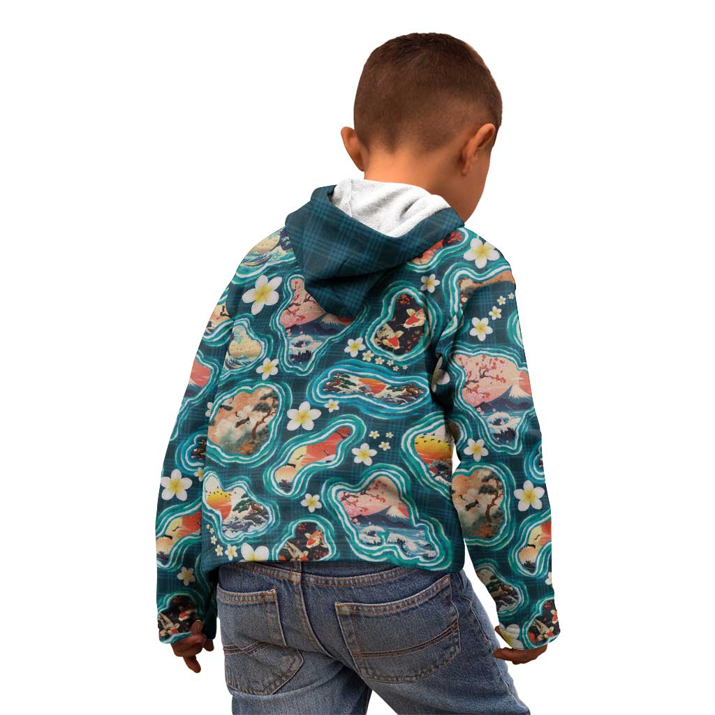 Hawaiian and Japanese Culture Together Kid Hoodie Hawaiian Island Shapes with Japanese Landscape Teal Color LT03 - Polynesian Pride