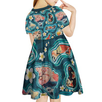 Hawaiian and Japanese Culture Together Kid Short Sleeve Dress Hawaiian Island Shapes with Japanese Landscape Teal Color LT03 - Polynesian Pride