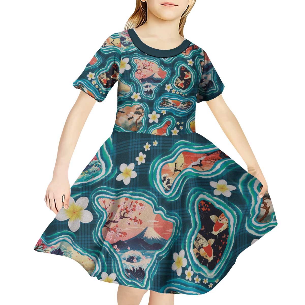 Hawaiian and Japanese Culture Together Kid Short Sleeve Dress Hawaiian Island Shapes with Japanese Landscape Teal Color LT03 - Polynesian Pride