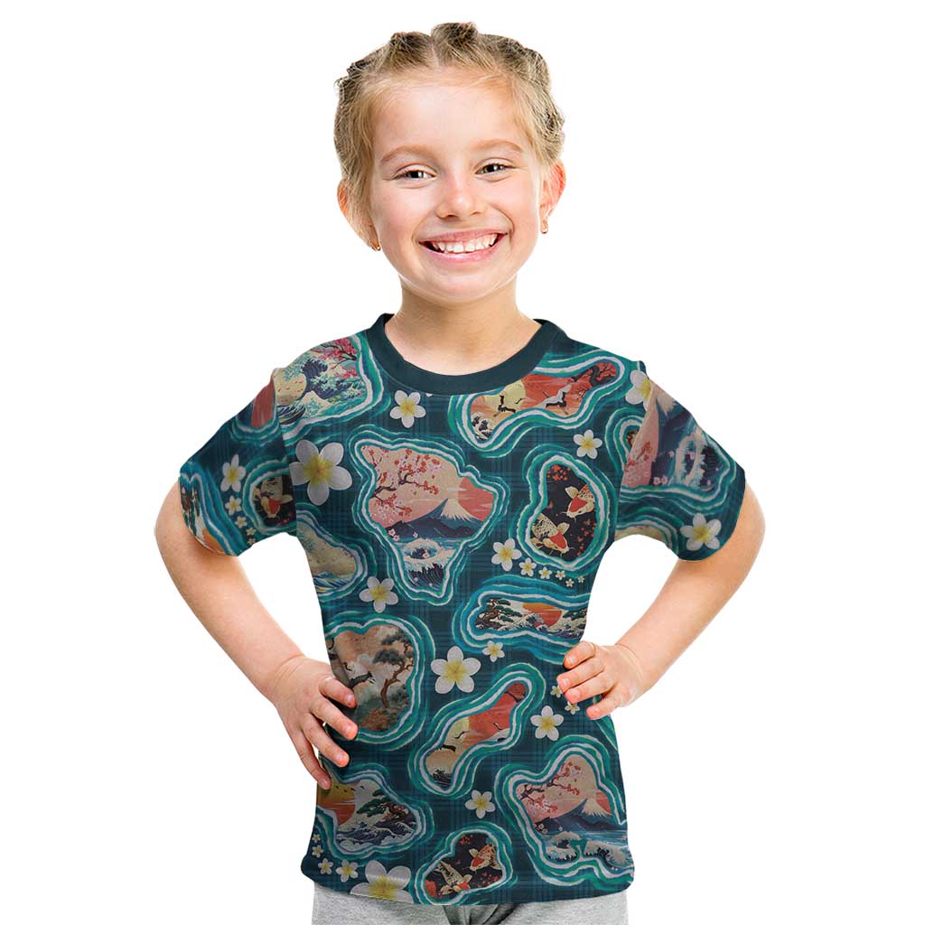 Hawaiian and Japanese Culture Together Kid T Shirt Hawaiian Island Shapes with Japanese Landscape Teal Color LT03 Teal - Polynesian Pride