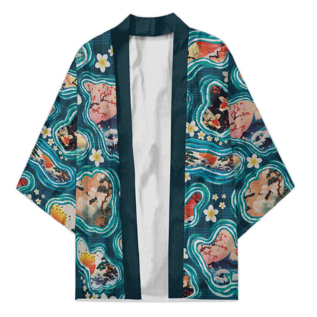 Hawaiian and Japanese Culture Together Kimono Hawaiian Island Shapes with Japanese Landscape Teal Color