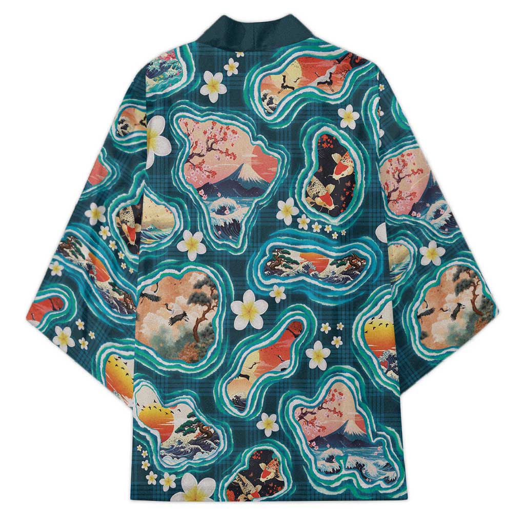 Hawaiian and Japanese Culture Together Kimono Hawaiian Island Shapes with Japanese Landscape Teal Color LT03 - Polynesian Pride