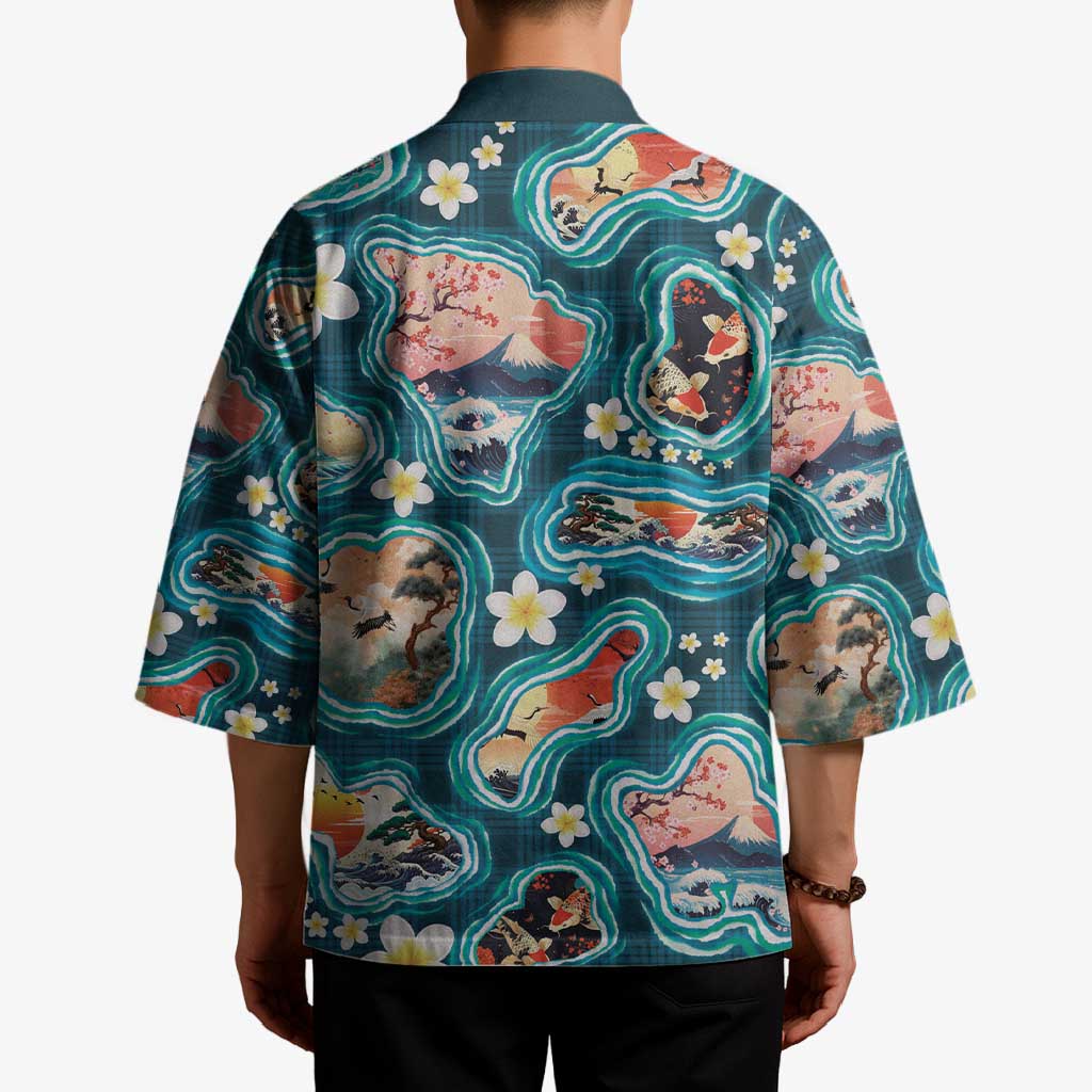 Hawaiian and Japanese Culture Together Kimono Hawaiian Island Shapes with Japanese Landscape Teal Color LT03 - Polynesian Pride