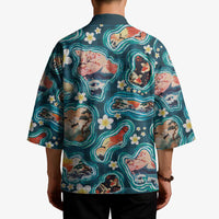 Hawaiian and Japanese Culture Together Kimono Hawaiian Island Shapes with Japanese Landscape Teal Color LT03 - Polynesian Pride