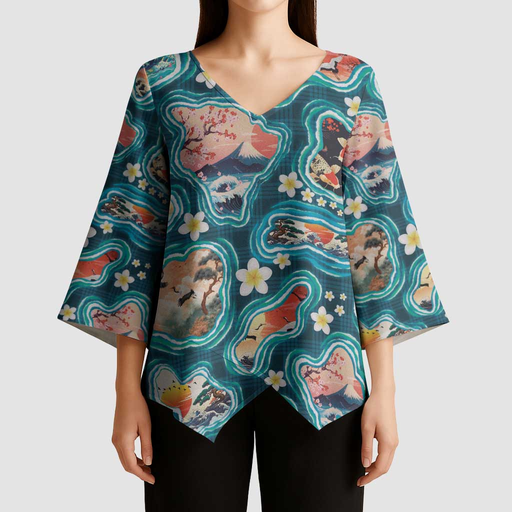 Hawaiian and Japanese Culture Together Kimono Sleeve Blouse Hawaiian Island Shapes with Japanese Landscape Teal Color LT03 - Polynesian Pride
