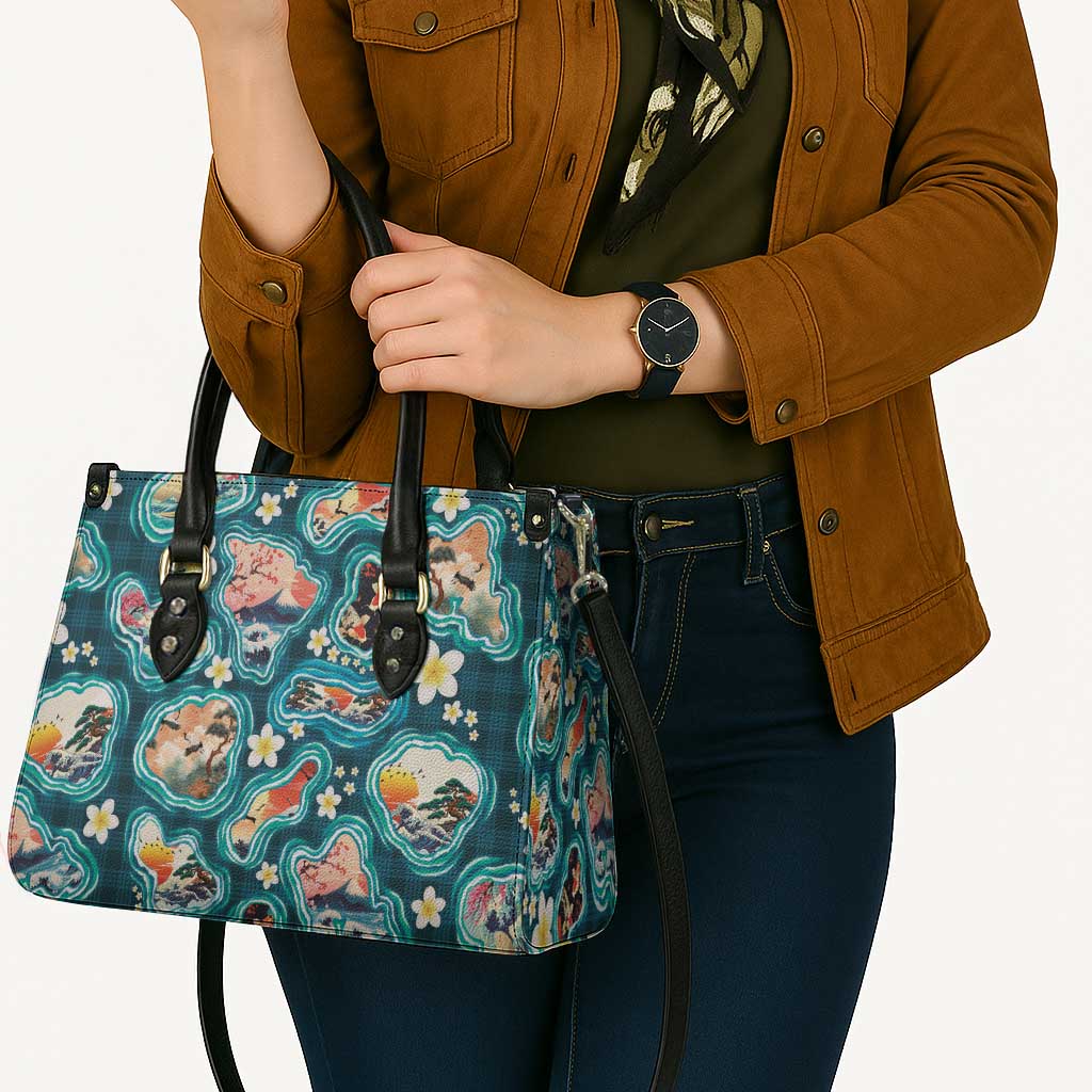 Hawaiian and Japanese Culture Together Leather Bag Hawaiian Island Shapes with Japanese Landscape Teal Color LT03 - Polynesian Pride