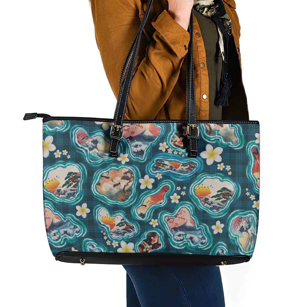 Hawaiian and Japanese Culture Together Leather Tote Bag Hawaiian Island Shapes with Japanese Landscape Teal Color LT03 - Polynesian Pride