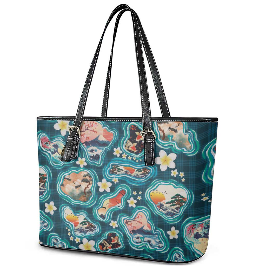 Hawaiian and Japanese Culture Together Leather Tote Bag Hawaiian Island Shapes with Japanese Landscape Teal Color LT03 - Polynesian Pride