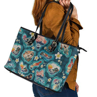Hawaiian and Japanese Culture Together Leather Tote Bag Hawaiian Island Shapes with Japanese Landscape Teal Color LT03 - Polynesian Pride