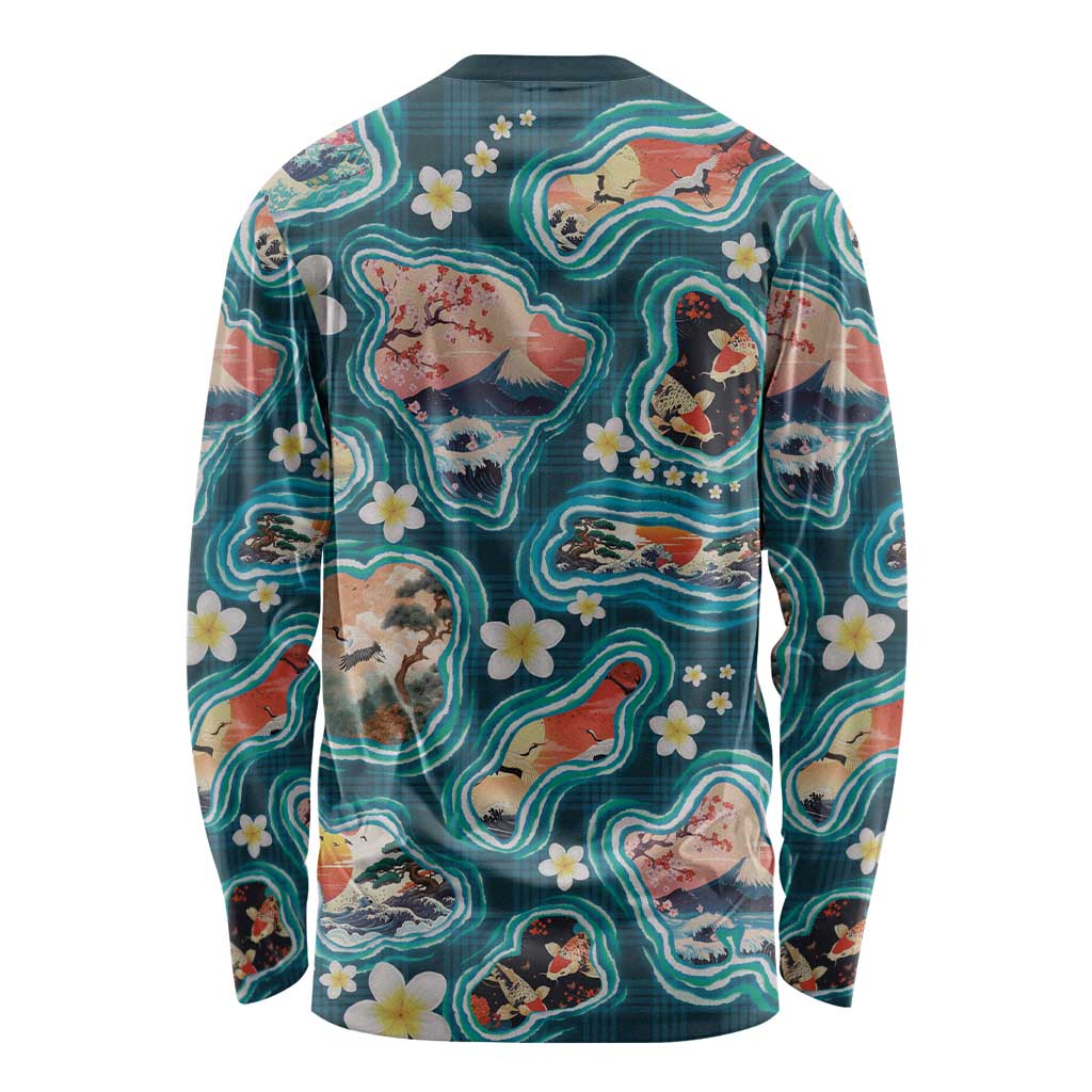 Hawaiian and Japanese Culture Together Long Sleeve Shirt Hawaiian Island Shapes with Japanese Landscape Teal Color LT03 - Polynesian Pride