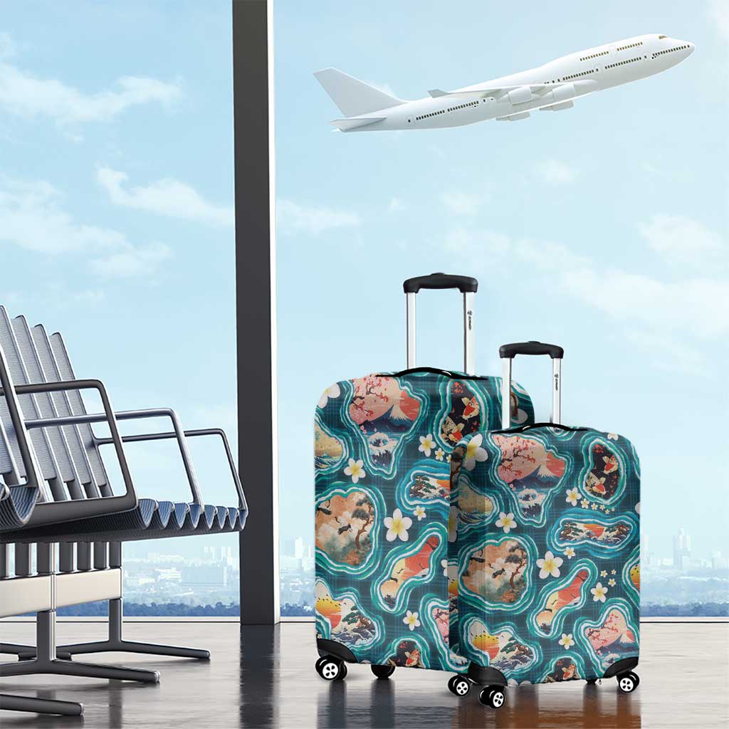 Hawaiian and Japanese Culture Together Luggage Cover Hawaiian Island Shapes with Japanese Landscape Teal Color LT03 - Polynesian Pride