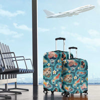 Hawaiian and Japanese Culture Together Luggage Cover Hawaiian Island Shapes with Japanese Landscape Teal Color LT03 - Polynesian Pride