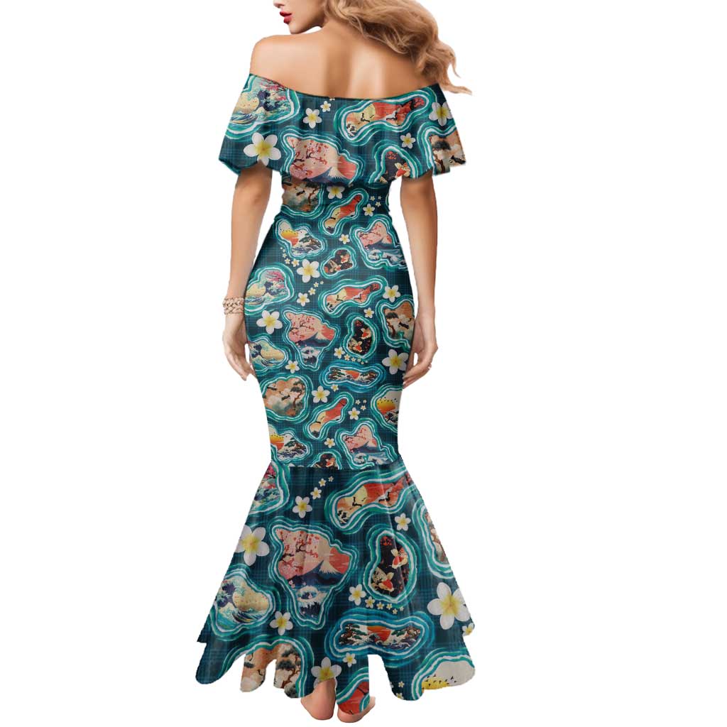 Hawaiian and Japanese Culture Together Mermaid Dress Hawaiian Island Shapes with Japanese Landscape Teal Color LT03 - Polynesian Pride