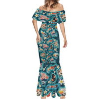 Hawaiian and Japanese Culture Together Mermaid Dress Hawaiian Island Shapes with Japanese Landscape Teal Color LT03 - Polynesian Pride