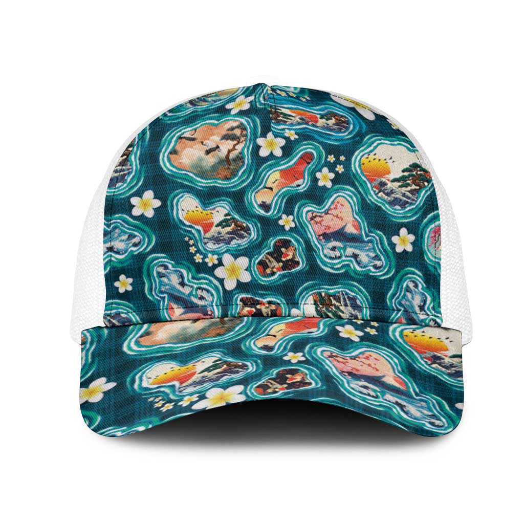 Hawaiian and Japanese Culture Together Mesh Trucker Cap Hawaiian Island Shapes with Japanese Landscape Teal Color