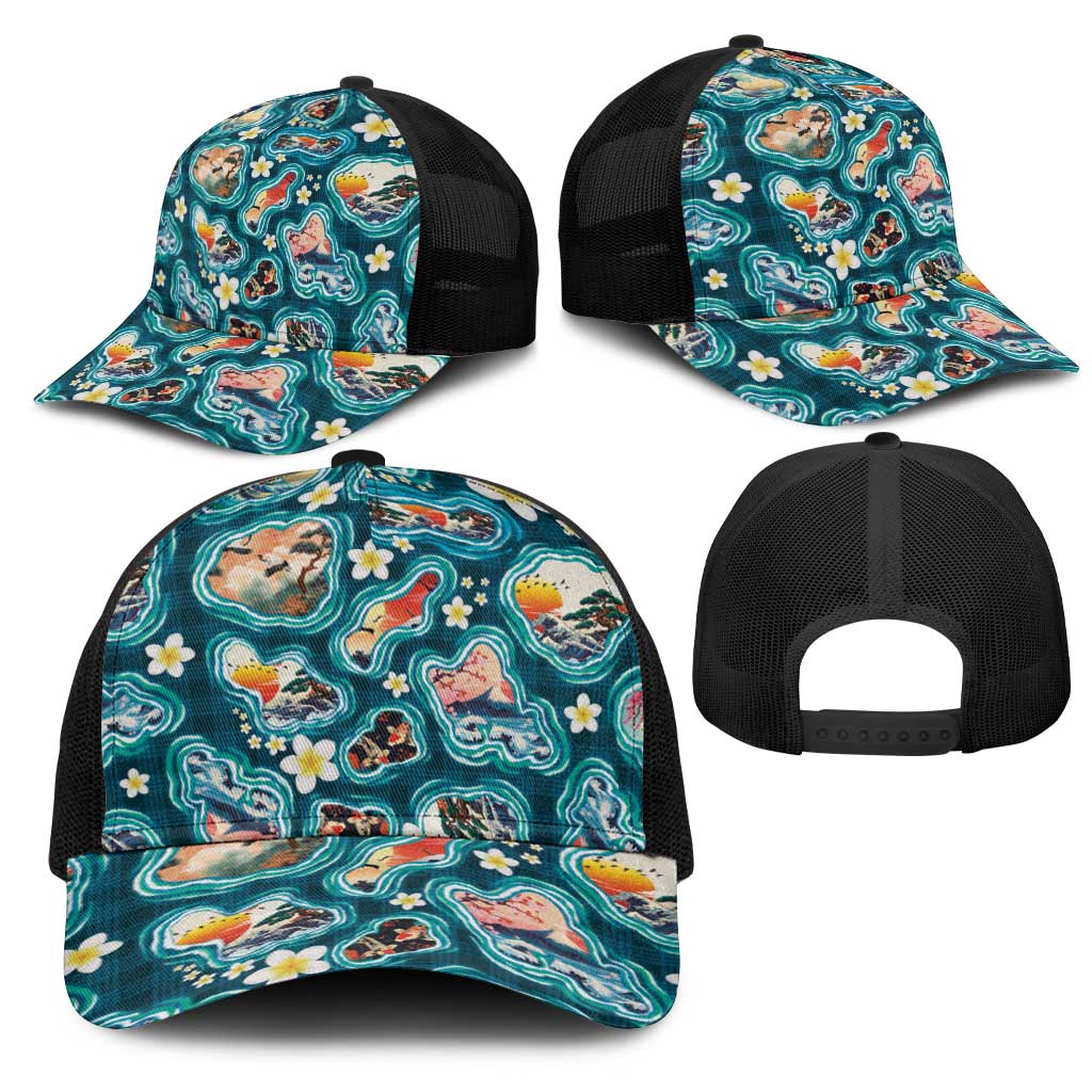 Hawaiian and Japanese Culture Together Mesh Trucker Cap Hawaiian Island Shapes with Japanese Landscape Teal Color LT03 - Polynesian Pride