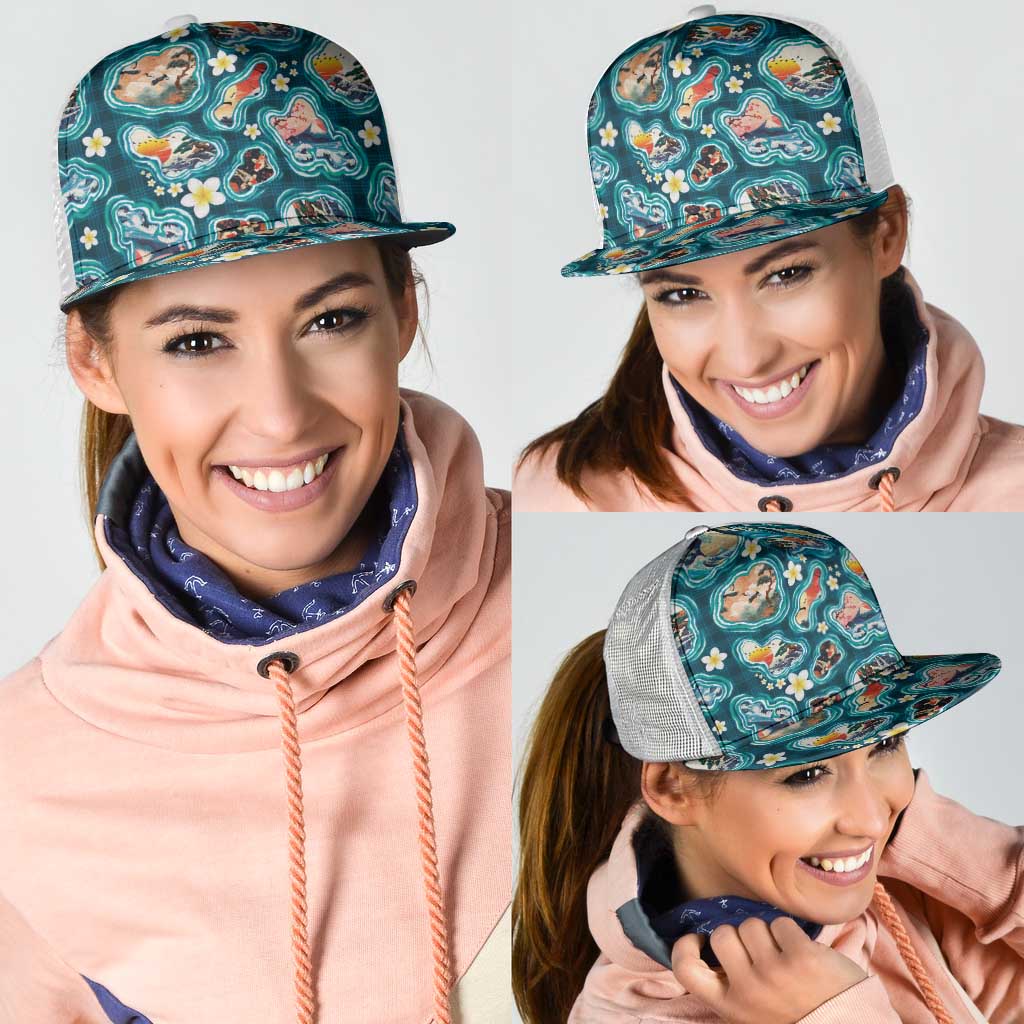 Hawaiian and Japanese Culture Together Mesh Trucker Cap Hawaiian Island Shapes with Japanese Landscape Teal Color LT03 - Polynesian Pride