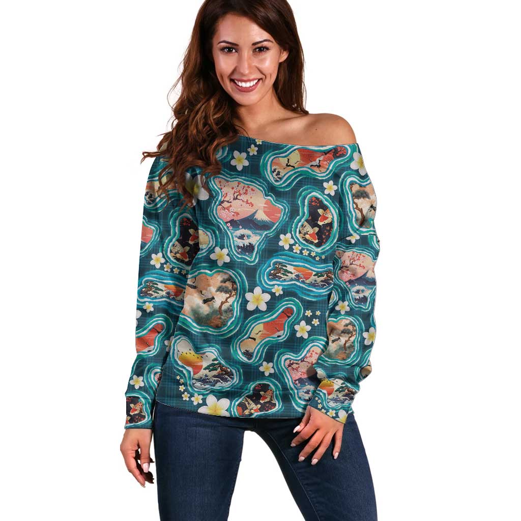 Hawaiian and Japanese Culture Together Off Shoulder Sweater Hawaiian Island Shapes with Japanese Landscape Teal Color LT03 Women Teal - Polynesian Pride