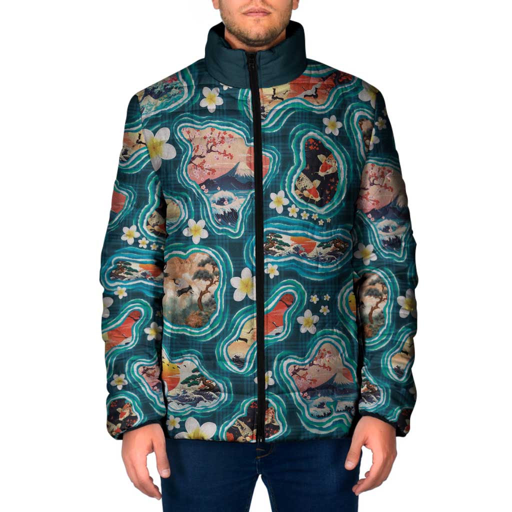 Hawaiian and Japanese Culture Together Padded Jacket Hawaiian Island Shapes with Japanese Landscape Teal Color