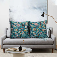 Hawaiian and Japanese Culture Together Pillow Cover Hawaiian Island Shapes with Japanese Landscape Teal Color LT03 - Polynesian Pride