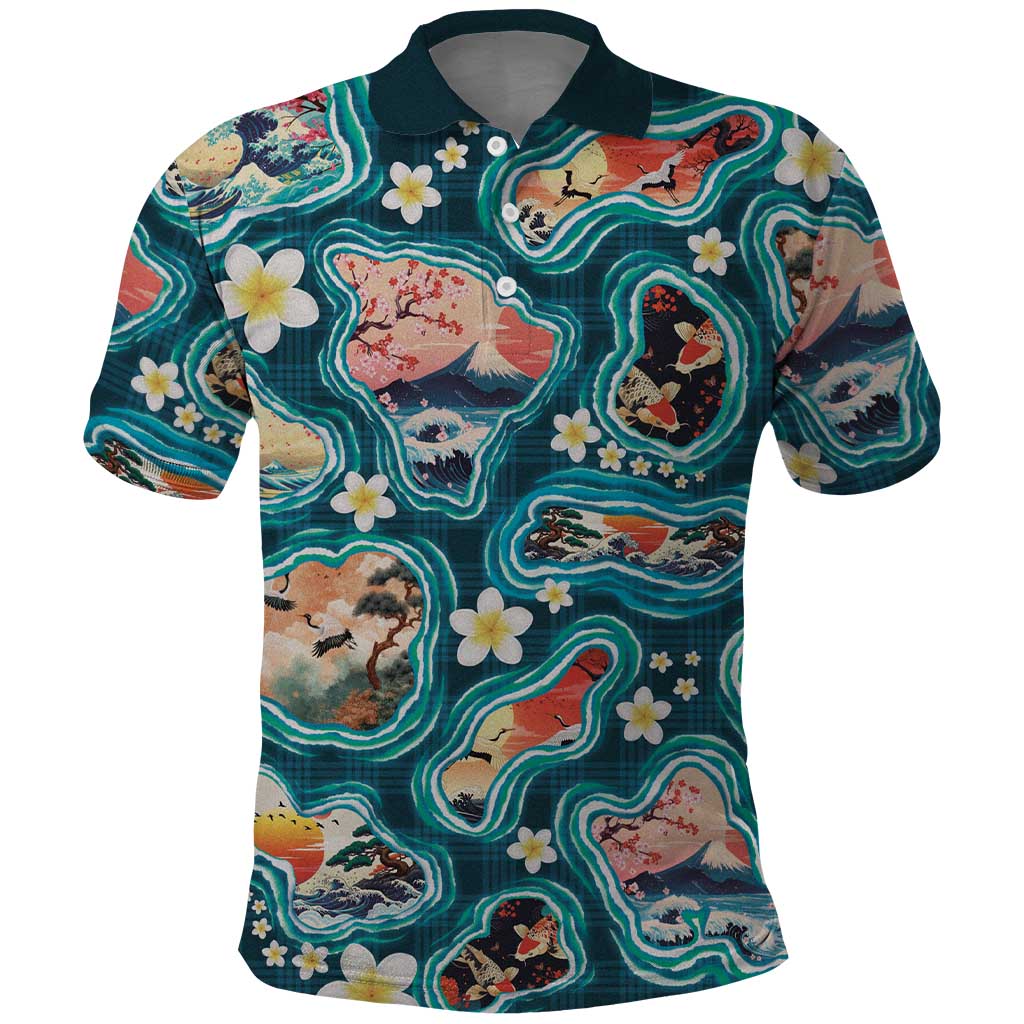 Hawaiian and Japanese Culture Together Polo Shirt Hawaiian Island Shapes with Japanese Landscape Teal Color