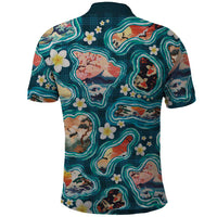 Hawaiian and Japanese Culture Together Polo Shirt Hawaiian Island Shapes with Japanese Landscape Teal Color