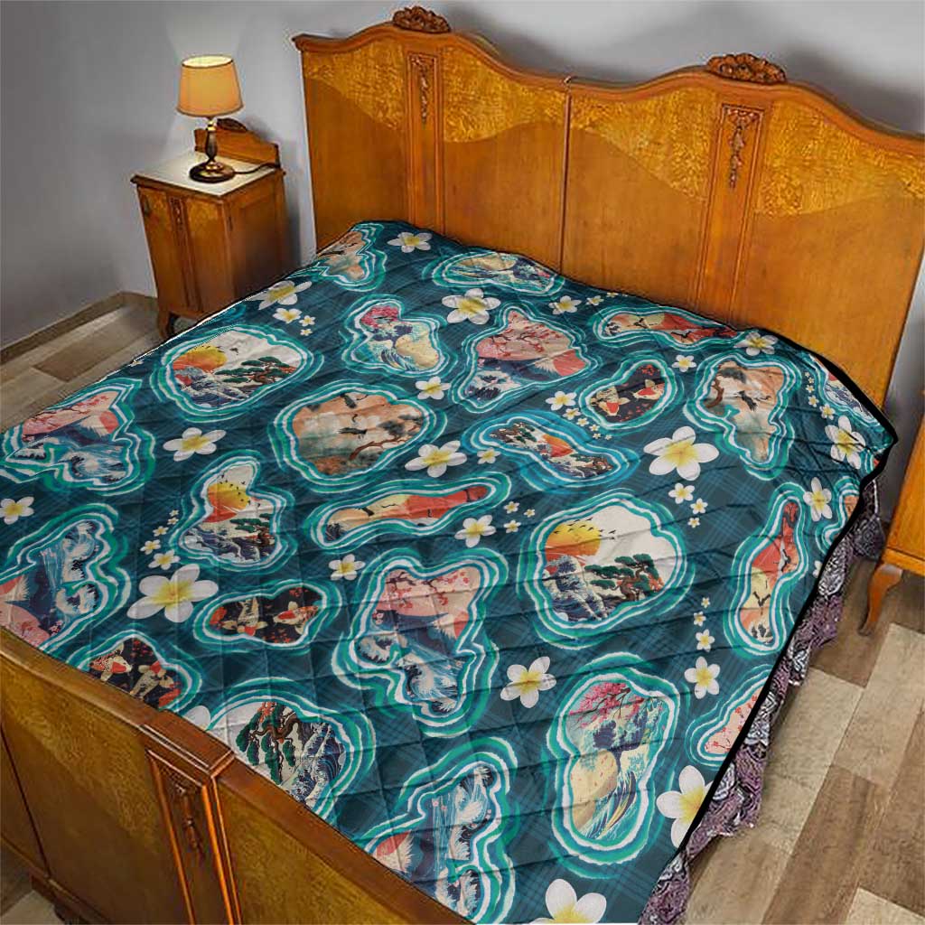 Hawaiian and Japanese Culture Together Quilt Hawaiian Island Shapes with Japanese Landscape Teal Color LT03 - Polynesian Pride