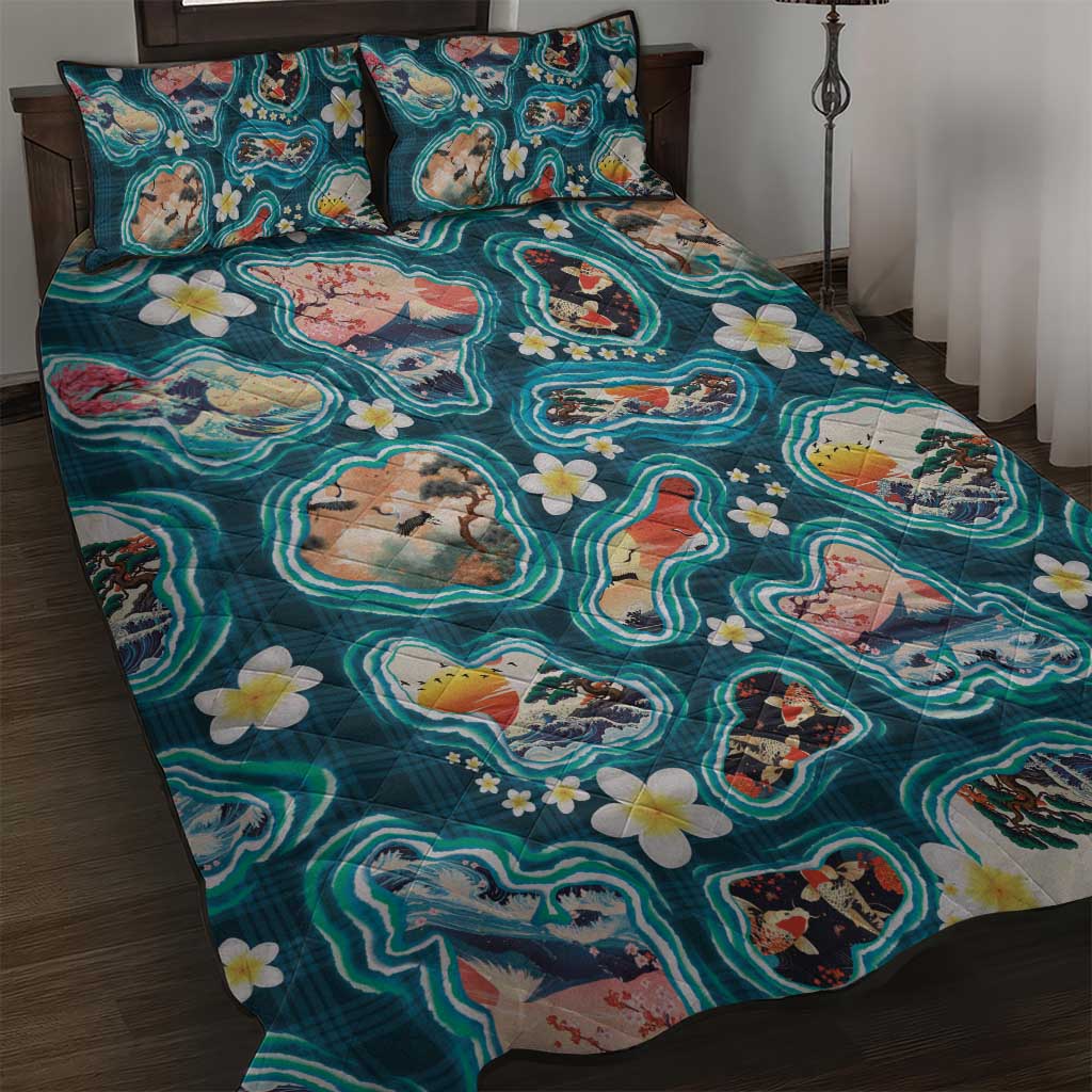 Hawaiian and Japanese Culture Together Quilt Bed Set Hawaiian Island Shapes with Japanese Landscape Teal Color
