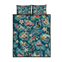 Hawaiian and Japanese Culture Together Quilt Bed Set Hawaiian Island Shapes with Japanese Landscape Teal Color LT03 - Polynesian Pride