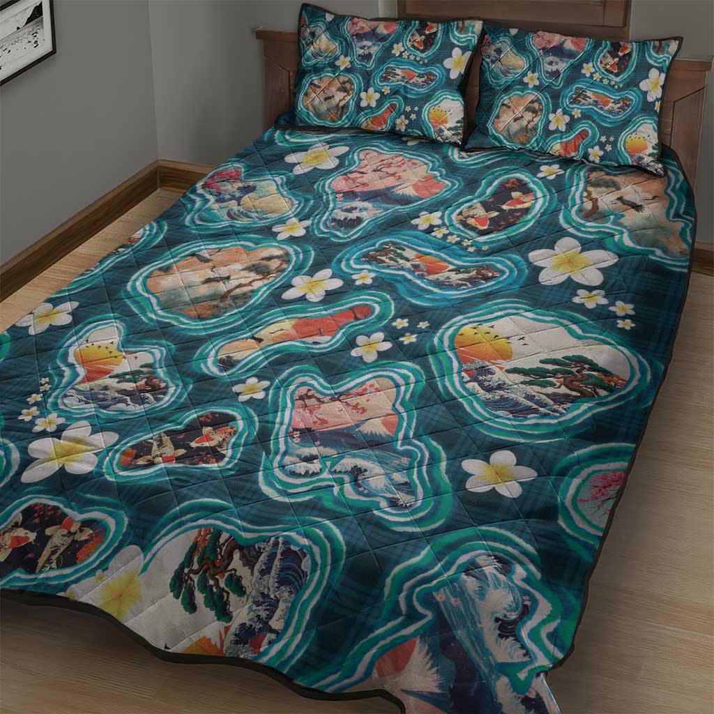 Hawaiian and Japanese Culture Together Quilt Bed Set Hawaiian Island Shapes with Japanese Landscape Teal Color LT03 - Polynesian Pride