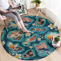 Hawaiian and Japanese Culture Together Round Carpet Hawaiian Island Shapes with Japanese Landscape Teal Color LT03 - Polynesian Pride