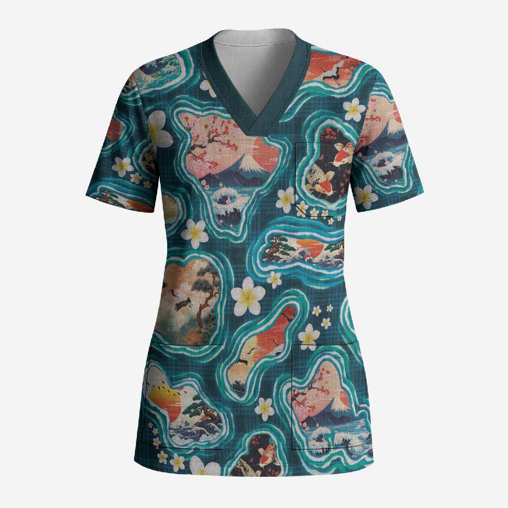 Hawaiian and Japanese Culture Together Scrub Top Hawaiian Island Shapes with Japanese Landscape Teal Color