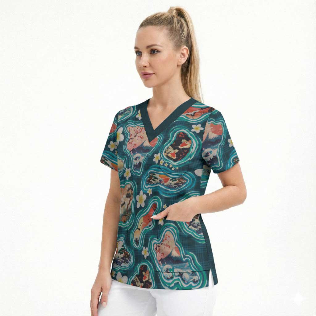 Hawaiian and Japanese Culture Together Scrub Top Hawaiian Island Shapes with Japanese Landscape Teal Color LT03 - Polynesian Pride