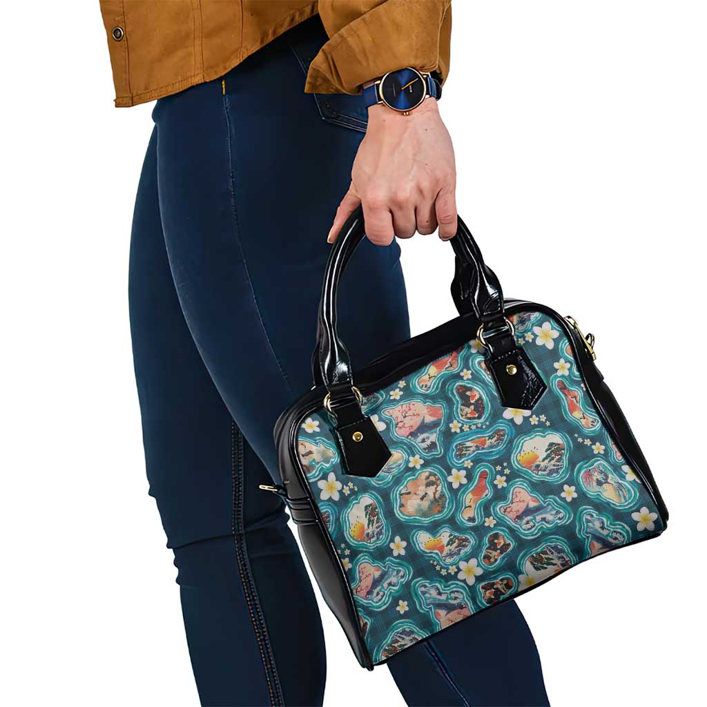 Hawaiian and Japanese Culture Together Shoulder Handbag Hawaiian Island Shapes with Japanese Landscape Teal Color LT03 - Polynesian Pride