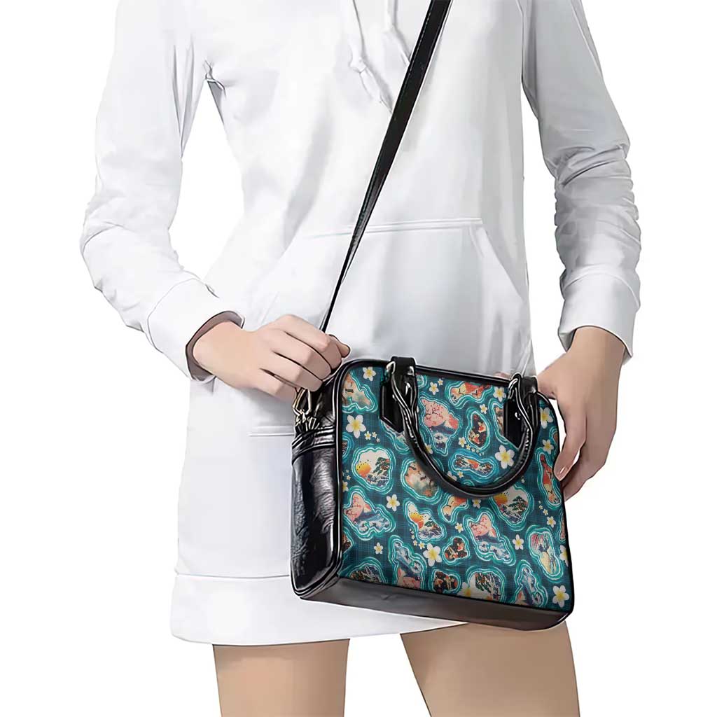 Hawaiian and Japanese Culture Together Shoulder Handbag Hawaiian Island Shapes with Japanese Landscape Teal Color LT03 - Polynesian Pride