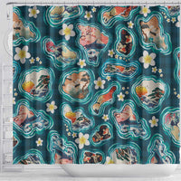 Hawaiian and Japanese Culture Together Shower Curtain Hawaiian Island Shapes with Japanese Landscape Teal Color LT03 - Polynesian Pride