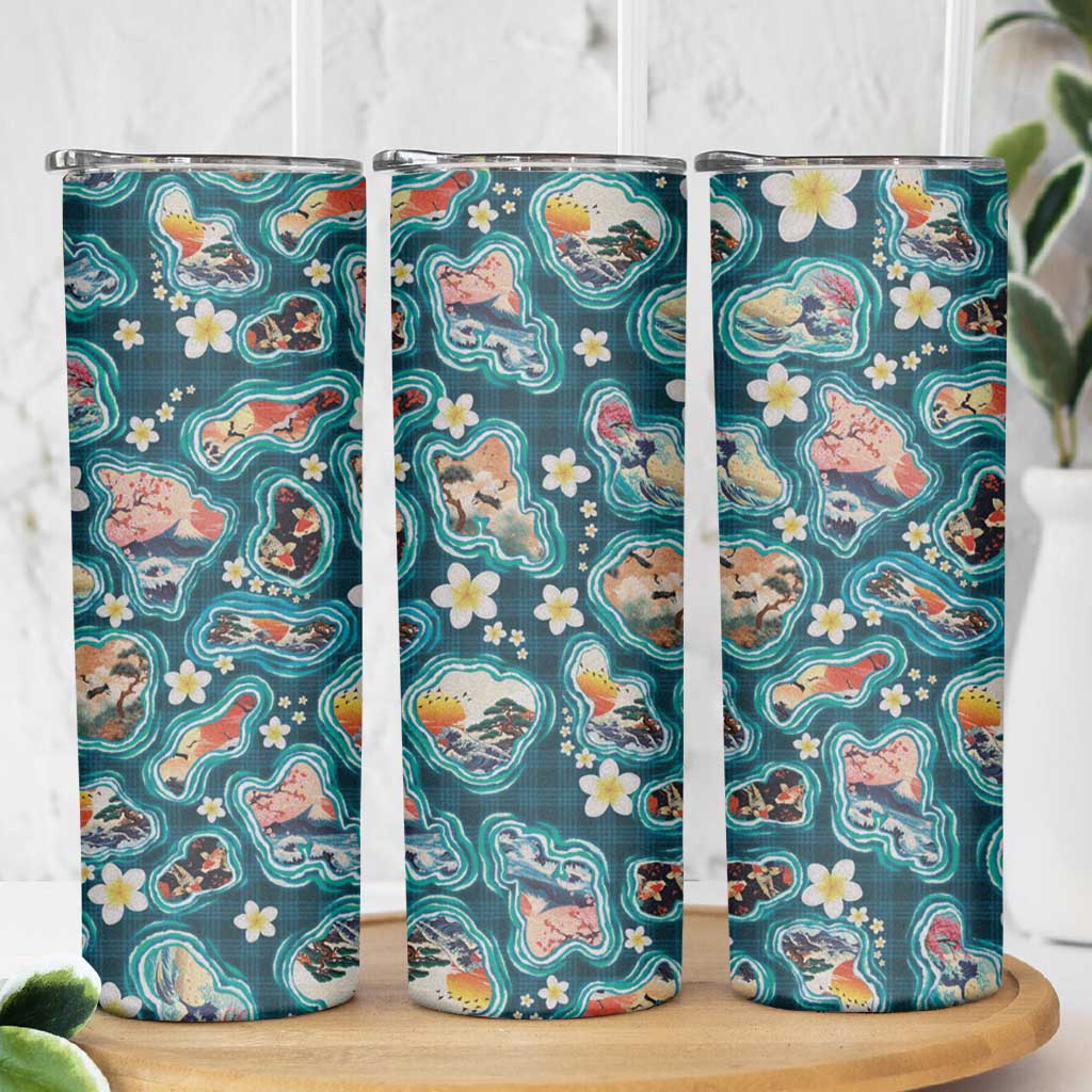 Hawaiian and Japanese Culture Together Skinny Tumbler Hawaiian Island Shapes with Japanese Landscape Teal Color