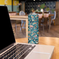 Hawaiian and Japanese Culture Together Skinny Tumbler Hawaiian Island Shapes with Japanese Landscape Teal Color