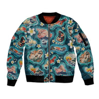 Hawaiian and Japanese Culture Together Sleeve Zip Bomber Jacket Hawaiian Island Shapes with Japanese Landscape Teal Color LT03 Unisex Teal - Polynesian Pride