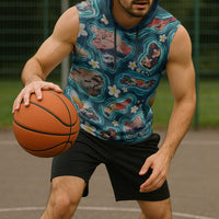 Hawaiian and Japanese Culture Together Sleeveless Hoodie Hawaiian Island Shapes with Japanese Landscape Teal Color LT03 - Polynesian Pride