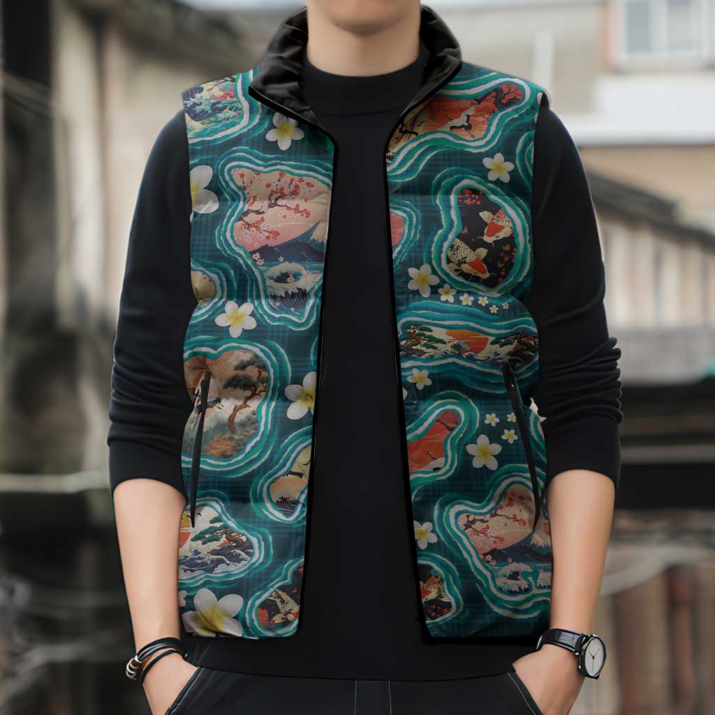 Hawaiian and Japanese Culture Together Sleeveless Puffer Jacket Hawaiian Island Shapes with Japanese Landscape Teal Color LT03 - Polynesian Pride