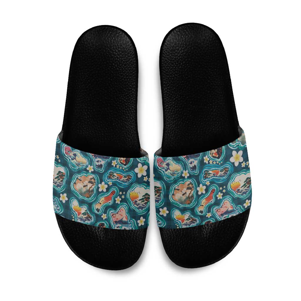 Hawaiian and Japanese Culture Together Slide Sandals Hawaiian Island Shapes with Japanese Landscape Teal Color LT03 Teal - Polynesian Pride