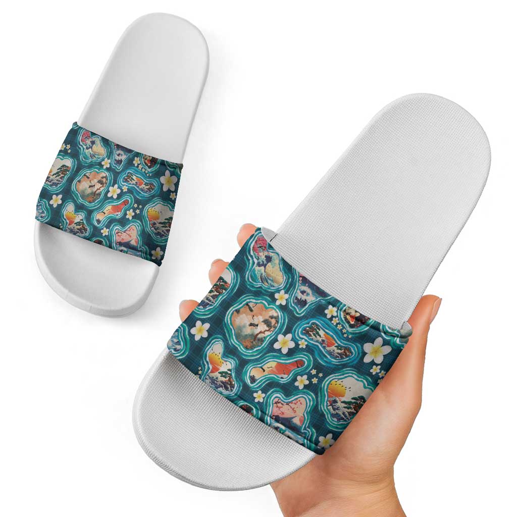 Hawaiian and Japanese Culture Together Slide Sandals Hawaiian Island Shapes with Japanese Landscape Teal Color LT03 - Polynesian Pride