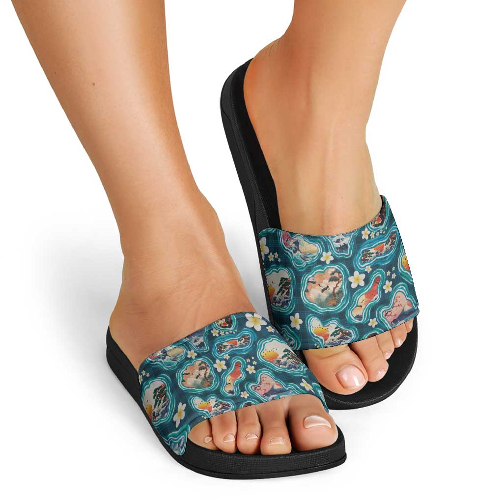 Hawaiian and Japanese Culture Together Slide Sandals Hawaiian Island Shapes with Japanese Landscape Teal Color LT03 - Polynesian Pride