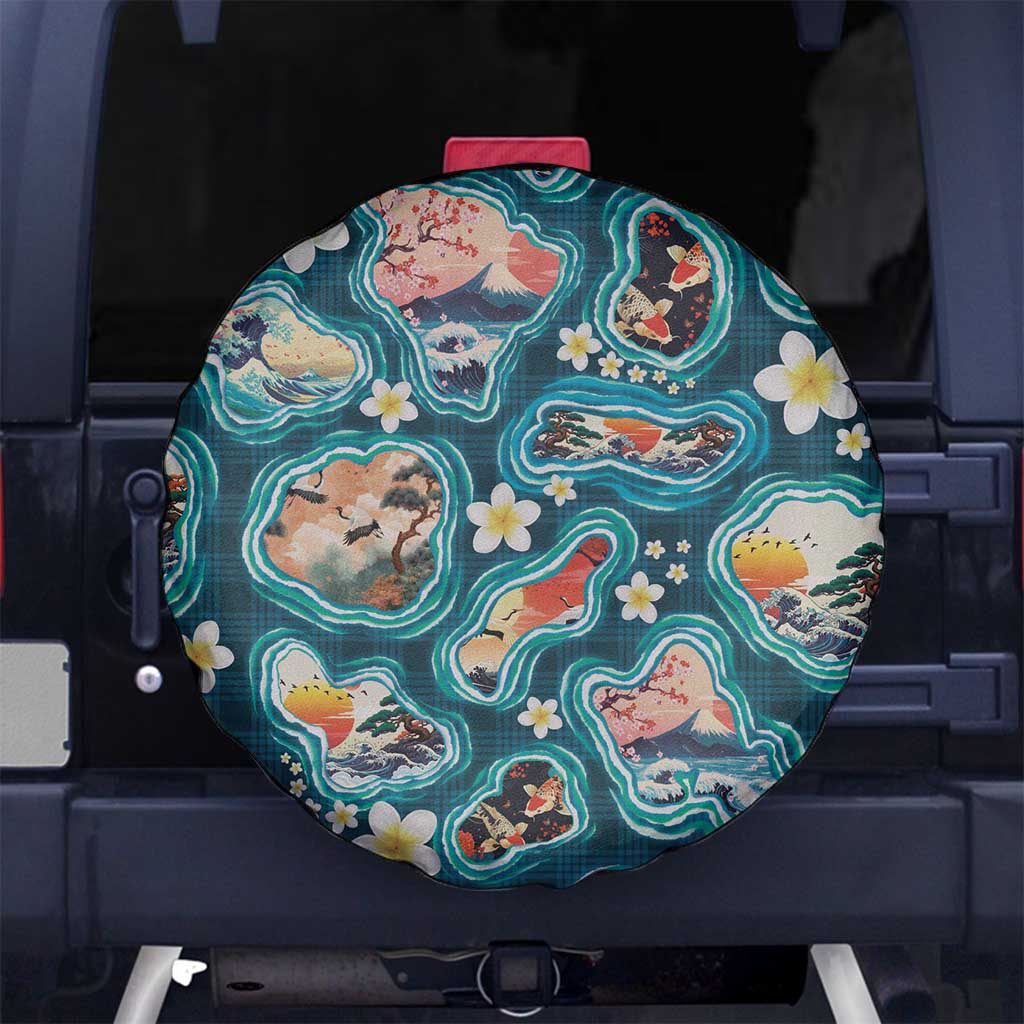 Hawaiian and Japanese Culture Together Spare Tire Cover Hawaiian Island Shapes with Japanese Landscape Teal Color LT03 No hole Teal - Polynesian Pride