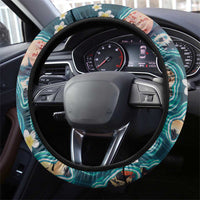 Hawaiian and Japanese Culture Together Steering Wheel Cover Hawaiian Island Shapes with Japanese Landscape Teal Color LT03 - Polynesian Pride