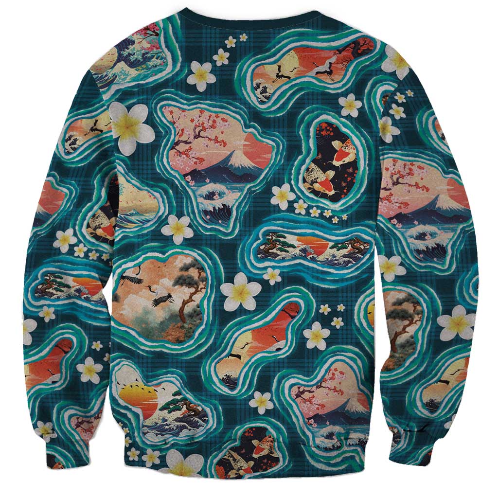 Hawaiian and Japanese Culture Together Sweatshirt Hawaiian Island Shapes with Japanese Landscape Teal Color LT03 - Polynesian Pride