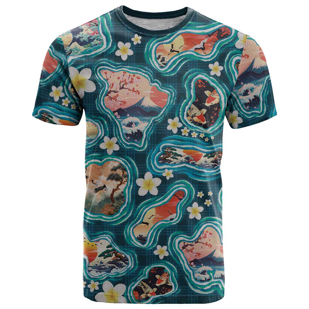 Hawaiian and Japanese Culture Together T Shirt Hawaiian Island Shapes with Japanese Landscape Teal Color